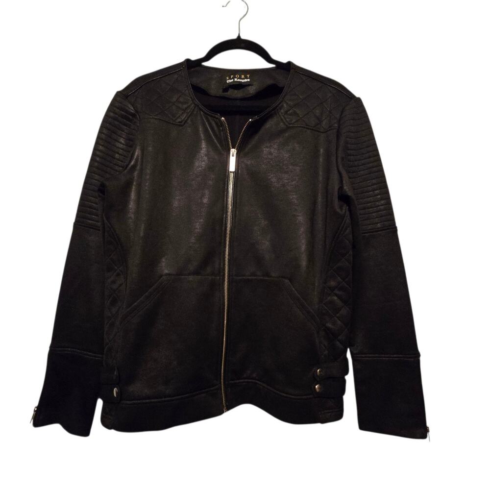 The Kooples Sport Black Moto Faux Leather Bomber Jacket Womens XL Luxury Grunge